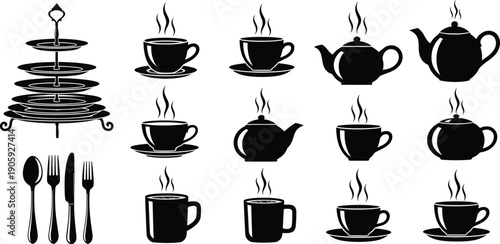 Tea and coffee service silhouette icons, steaming cups, teapots, tiered tray, cutlery set design, black and white artwork