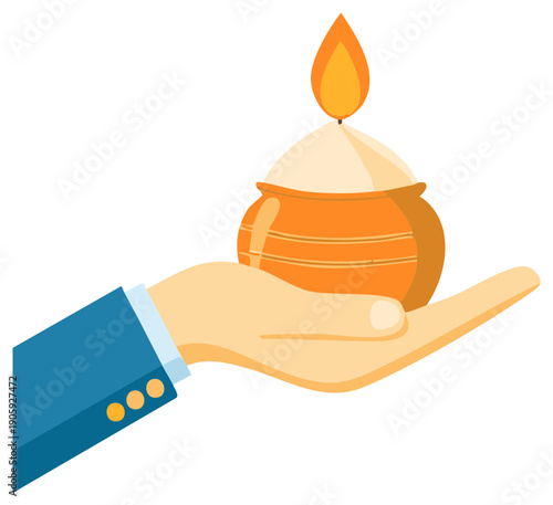 Hand holding a lit candle inside a traditional pot, symbolizing warmth and light.