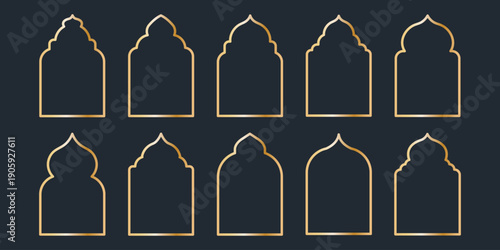 Islamic golden frames collection. Traditional Arabic door and window frames. Oriental mosque arch in luxury style. Set of outline Arabic golden frames and windows with Islamic geometric patterns