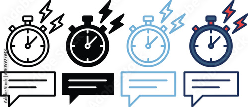 Urgent notification stopwatch icon set, time sensitive alert messages, fast response communication symbols, deadline warning, priority timing illustration
