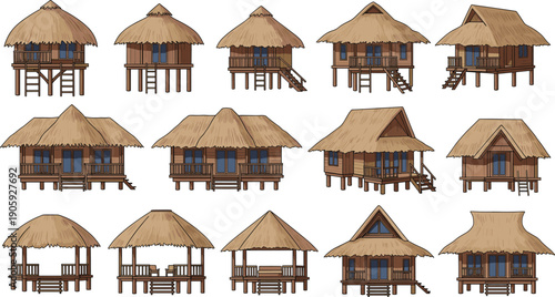 Traditional hut and cottage illustration set, thatched roof architecture, tropical wooden house artwork, rural building design, black and white collection