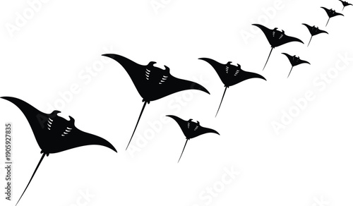 Silhouette illustration of nine manta rays swimming in formation, vector artwork symbolizing marine life, ocean unity, depth perspective, wildlife design, and aquatic nature concepts