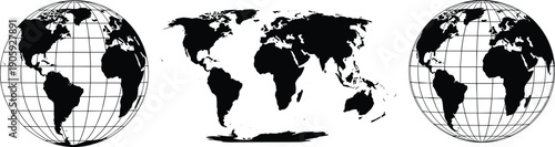 Black silhouette illustration of world map with two globe projections and flat rectangular projection, vector artwork symbolizing cartography, geography, Earth visualization, and education design