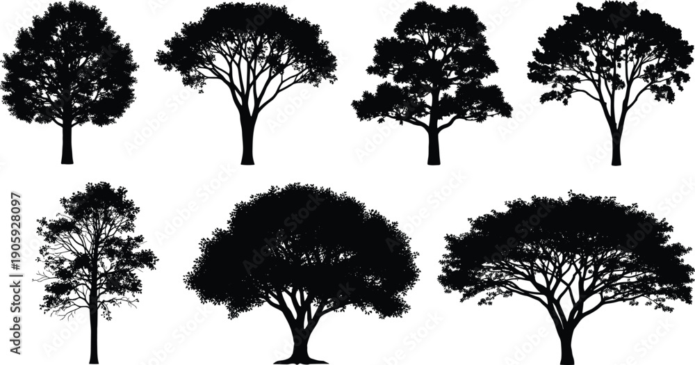 Fototapeta premium Tree silhouette illustration set, diverse canopy designs, botanical landscape artwork, nature plant symbols, black and white composition, forest desig