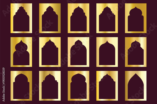 Arabian Ramadan boho arch frames with vector minimal line pattern. Muslim mosque window and door arch frames with islamic moon, star and aesthetic boho ornaments. Ramadan Kareem and Eid Mubarak themes