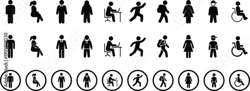 Diverse people silhouette icons set, flat human figures for public signage, accessibility and lifestyle symbols, vector illustrations for universal design elements,