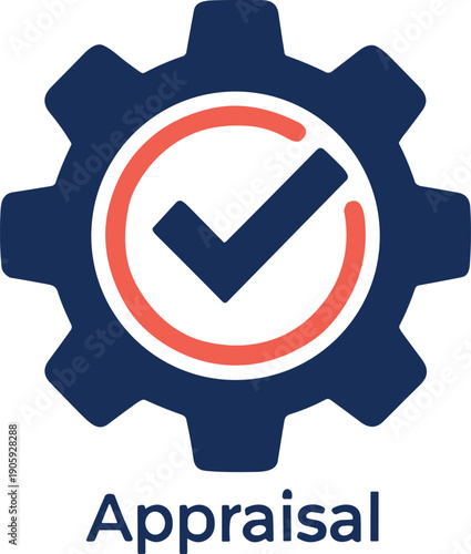 Performance appraisal icon with gear and check mark, evaluation process, quality assessment, approval system, business management and efficiency concept