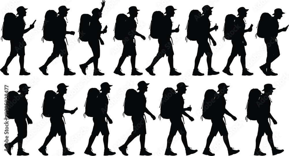 Fototapeta premium Walking silhouette illustration sequence, person with backpack and cap, dynamic motion study, human gait design, black and white artwork