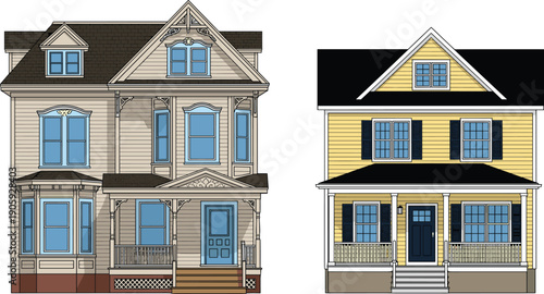 Victorian and American house illustration set, ornate historical architecture, modern traditional home design, residential building artwork, comparison composition