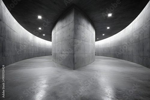 Symmetrical corner of modern concrete hallway with curving walls and ceiling lighting