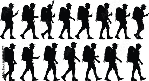 Walking silhouette illustration sequence, person with backpack and cap, dynamic motion study, human gait design, black and white artwork