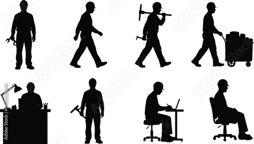 Worker silhouette illustration set, construction and office professions, technician with tools, desk job figure, industrial labor design, black and white artwork