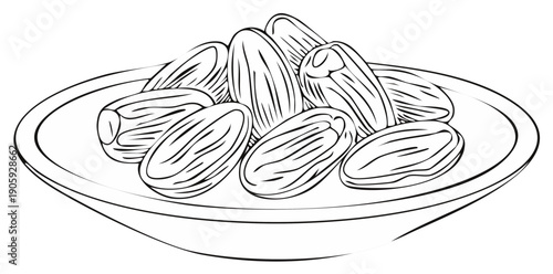 Traditional dates fruit in a bowl outline drawing for coloring book design