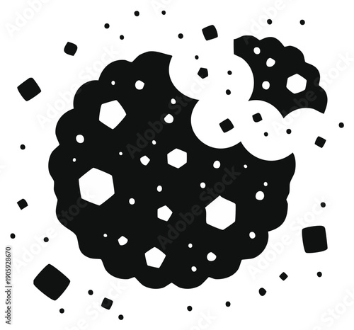 Black and White Cookie Silhouette with Bite and Crumbs Isolated Vector Illustration