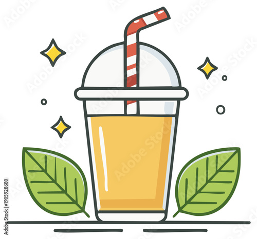 Cute cartoon illustration of a fresh natural juice or smoothie in a takeaway cup with a striped straw and leaves