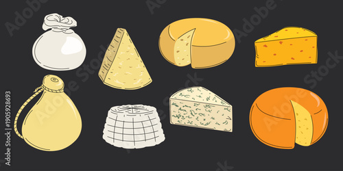 Collection of different types of cheese. Mozzarella, Parmesan, Provolone etc. Flat modern minimalistic style set. Vector illustrations.