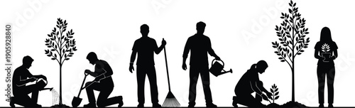Community gardening silhouette illustration, people planting trees, eco friendly teamwork, environmental conservation art, black and white vector, sustainability concept design