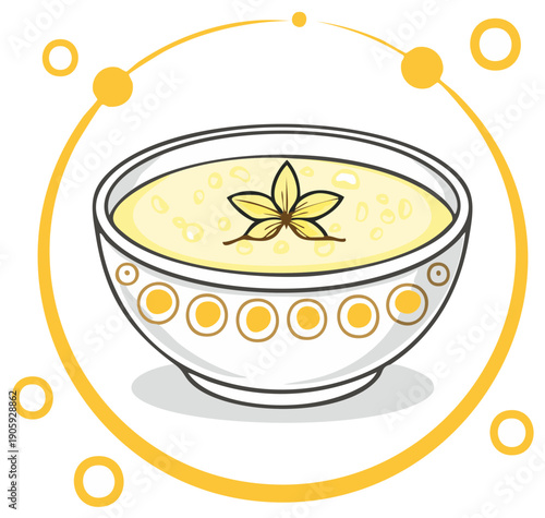 Creamy vanilla dessert in a stylized bowl with flower and bean garnish illustration