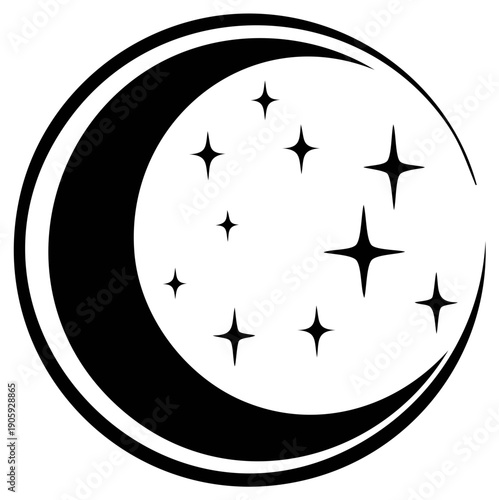 Black crescent moon and stars design.