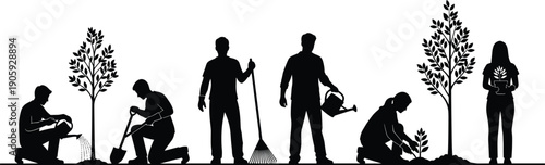 Community gardening teamwork silhouette illustration, people planting trees, watering plants, eco conservation activity, black and white vector art, environmental care