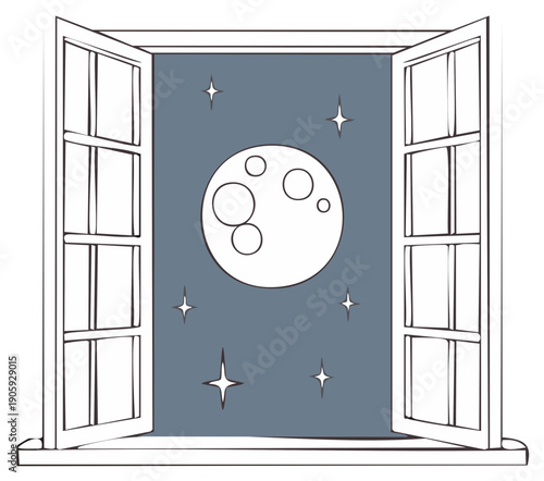 Night scene of moon and stars viewed from an open window in simple lines