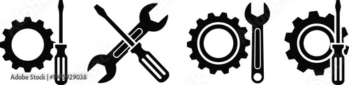 Gear and tool icon illustration set, mechanical repair symbols, screwdriver wrench graphics, maintenance engineering artwork, technical support design elements