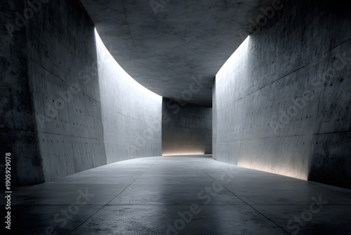 Curved minimalist concrete corridor with dramatic lighting and architectural symmetry