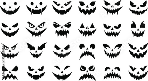 Halloween jack‑o‑lantern faces, spooky pumpkin silhouettes, scary carved expressions, eerie Halloween artwork, black silhouette design, festive decoration template, seasonal graphic, stock image