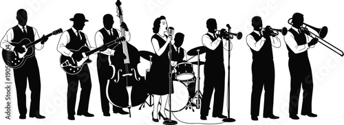 Jazz band silhouettes, live performance illustration, musical ensemble artwork, classic jazz instruments, vintage microphone singer, black silhouette art, elegant concert scene, stock image