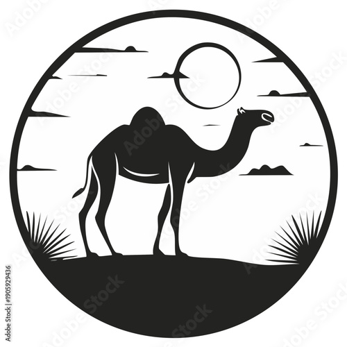 Desert Camel Silhouette at Sunrise with Moon and Clouds