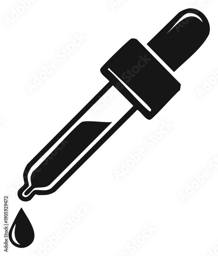 Black graphic drawing of dropper with liquid on white. Medical or beauty laboratory equipment and supplies