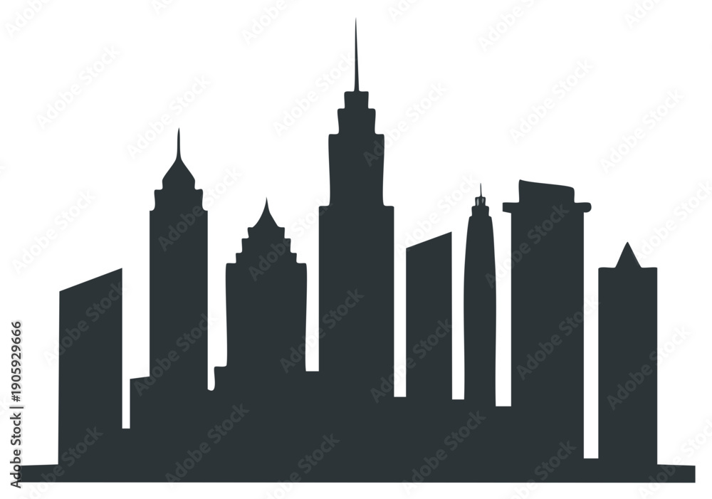 Obraz premium Stylized dark gray silhouette of a contemporary urban cityscape with diverse tall skyscrapers and modern architectural buildings