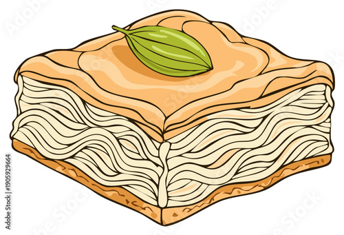 Delicious Honey Syrup Drizzled Baklava Dessert with a Fresh Green Leaf Garnish