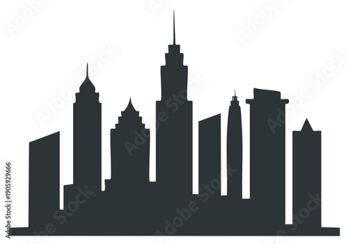 Stylized dark gray silhouette of a contemporary urban cityscape with diverse tall skyscrapers and modern architectural buildings