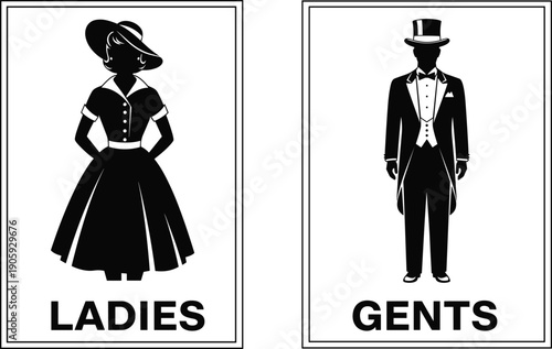 Vintage restroom signs, ladies and gents silhouettes, retro bathroom signage, classic gender icons, black and white artwork, elegant restroom illustration, stock image