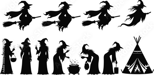 Witch silhouette illustration set, flying broomstick witches, Halloween folklore artwork, spooky witchcraft design, magical cauldron scene, teepee tent with fire symbol