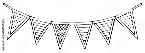 Decorative triangle bunting flags with varied patterns strung together for celebrations