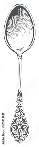 Elegant antique style dessert spoon with intricate decorative handle line art illustration