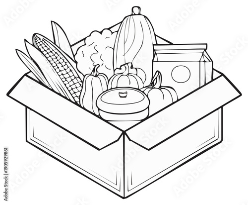 Fresh autumn harvest vegetables and gourds overflow a cardboard box for seasonal produce delivery