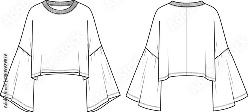 Women’s fashion top technical illustration, cropped silhouette design, round neckline, exaggerated bell sleeves, ribbed detail, front and back garment view