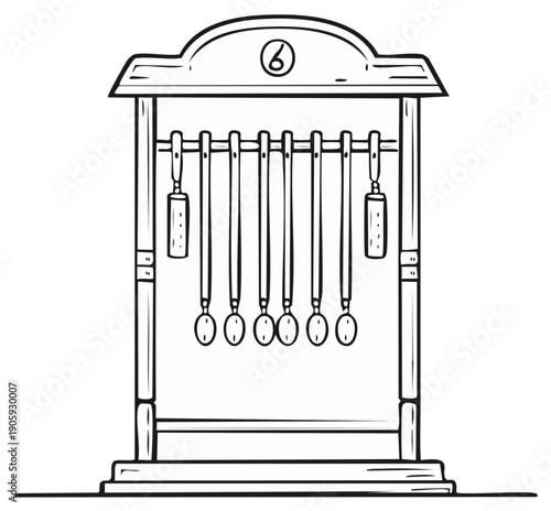 Line art illustration of vintage spoon rack for parlor games with numbered arch and hanging spoons vector artwork for design elements
