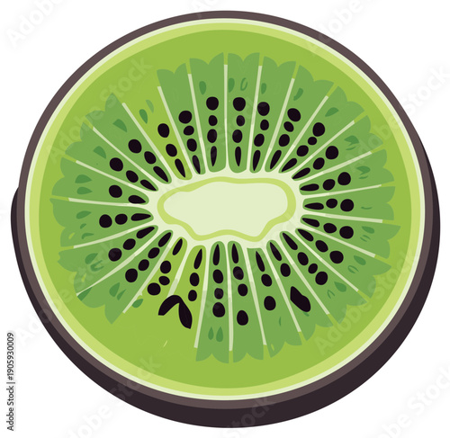 Vibrant vector illustration of a cut kiwi fruit slice with green pulp and seeds