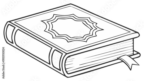 Ornate religious holy book with bookmark black and white line art illustration