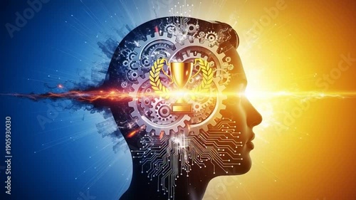 Innovative human head with gears and trophy symbolizing achievement and success