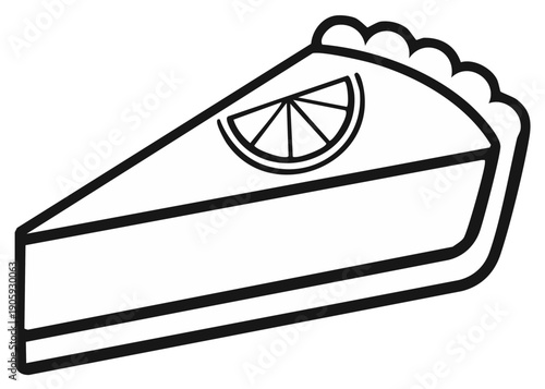 Black and white illustration of a slice of citrus pie with a garnish of orange fruit