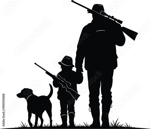 Silhouette illustration of adult and child hunters walking hand in hand with dog, vector artwork symbolizing family bonding, outdoor activity, hunting culture, and rural lifestyle