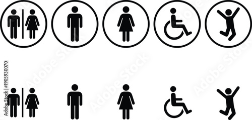 Public restroom and accessibility icons set, male female and handicap signs, toilet navigation symbols, human figure silhouettes vector illustration for design,
