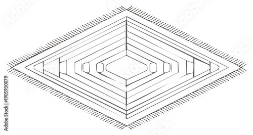 Hand drawn bohemian style rug with geometric diamond pattern and fringe. Minimalist ethnic line art illustration.