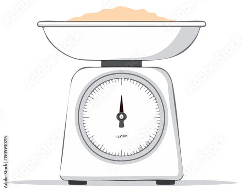 Kitchen scales with bowl of light brown granular substance weighing ingredients measurement