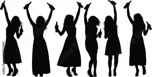 Silhouette of six women celebrating with bottles raised in joyful dancing poses for party and design themes